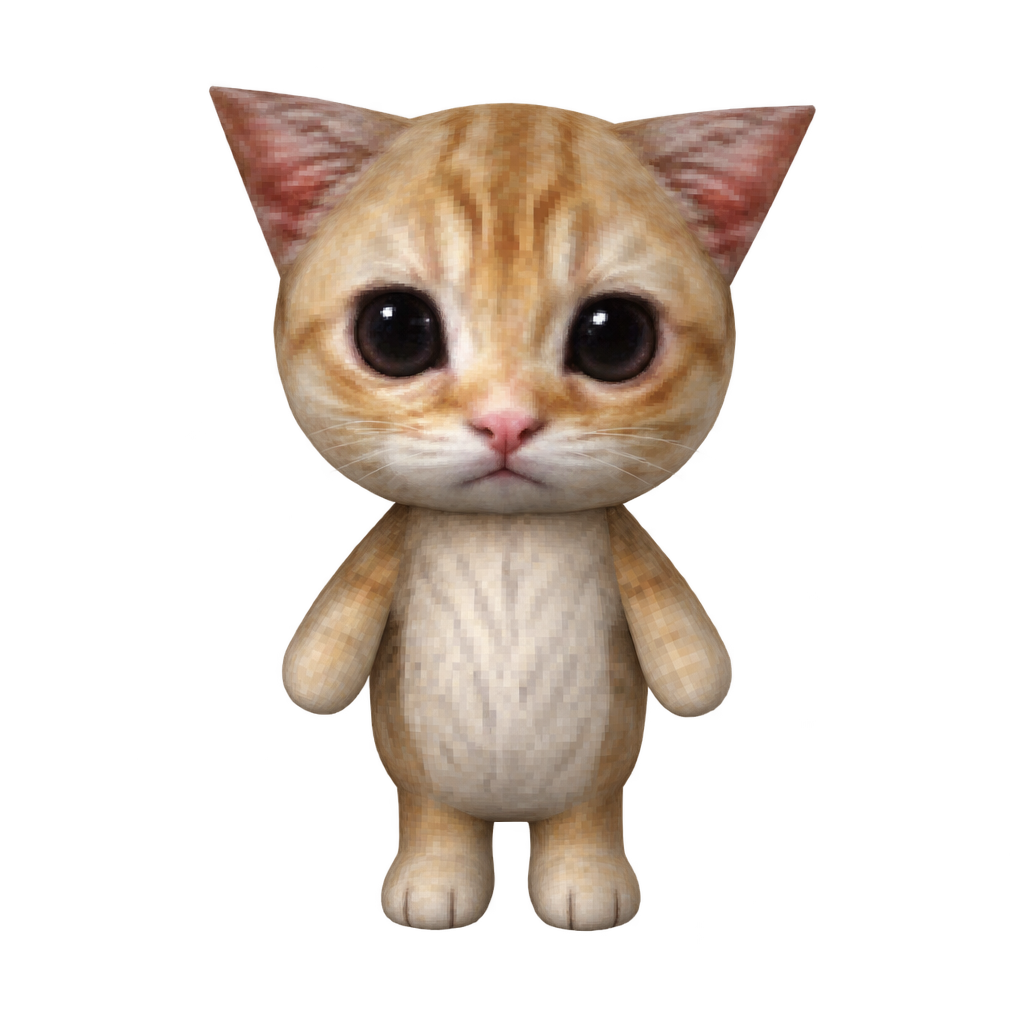 Close portrait of Fog Cat, a small tan and cream kitten with large dark eyes