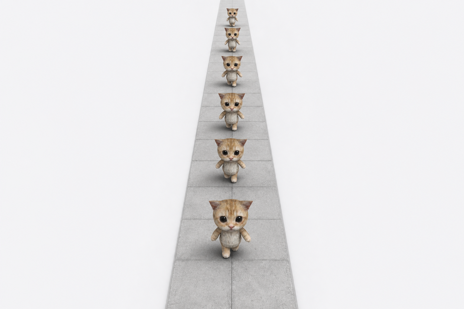 A sequence of identical kittens receding into the distance along the same tiled path, evenly spaced